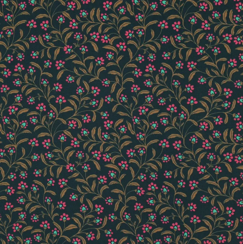Tissu popeline de viscose motif petites fleurs roses fond vert