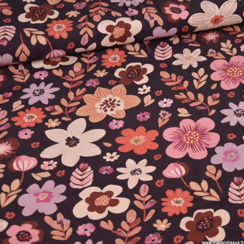 Tissu popeline de viscose Osaya motif fleurs roses fond bordeaux