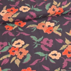 Tissu popeline de viscose Silawe - motif fleurs camel fond Aubergine