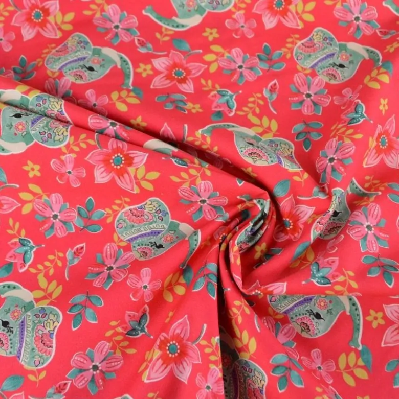 Tissu Popeline Indian Elephants - Corail