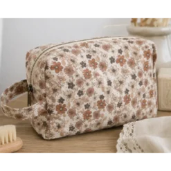 Tissu popeline Léonce fleurs caramel et beige fond écru