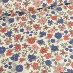 Tissu popeline Marion motif fleurs bleu et brique fond ecru - exclusif
