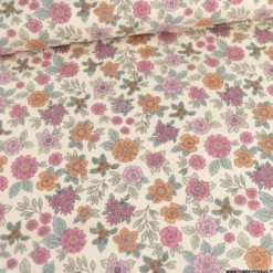 Tissu popeline Marion motif fleurs fuchsia et camel fond ecru - exclusif