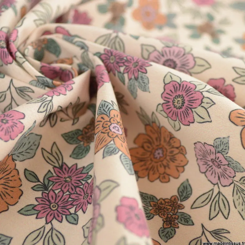 Tissu popeline Marion motif fleurs fuchsia et camel fond ecru - exclusif