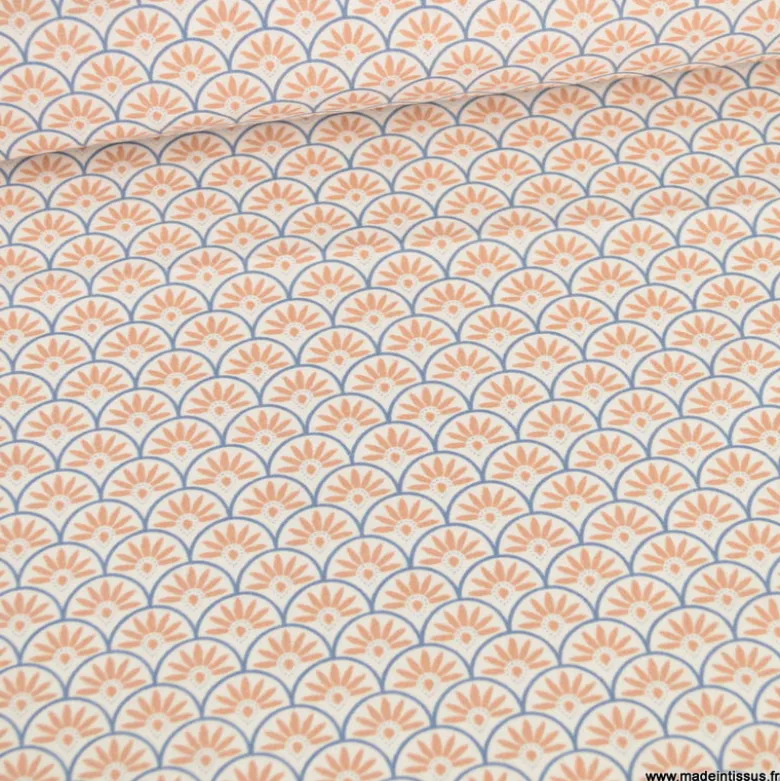 Tissu popeline motif écailles bleu et camel - exclusif