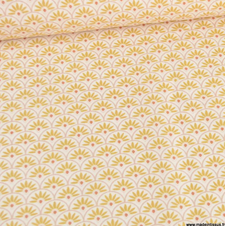 Tissu popeline motif écailles Moutarde et brique - exclusif