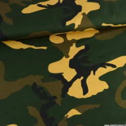 Tissu popeline motif camouflage armée vert kaki et beige