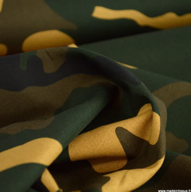 Tissu popeline motif camouflage armée vert kaki et beige