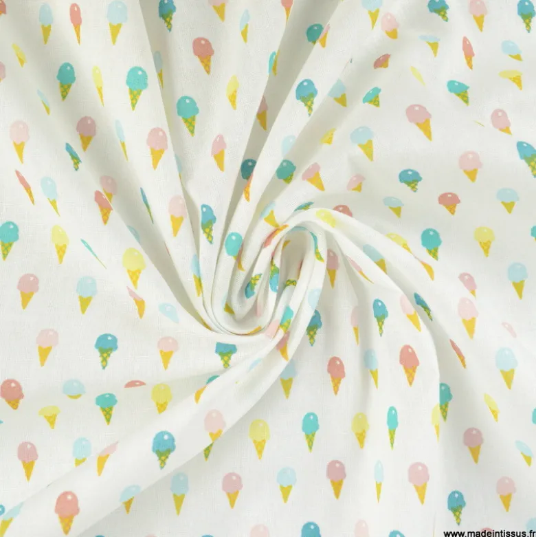 Tissu popeline motif cornets de glace rose et bleu fond blanc