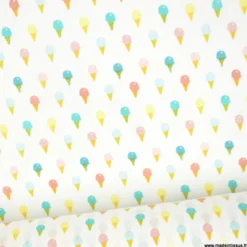 Tissu popeline motif cornets de glace rose et bleu fond blanc