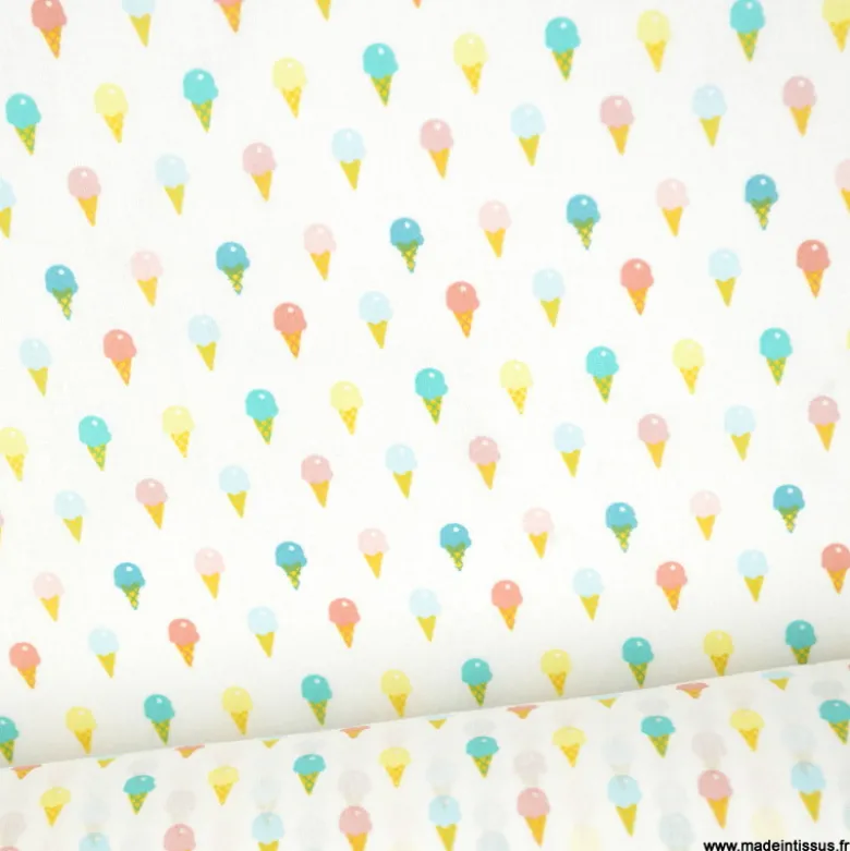 Tissu popeline motif cornets de glace rose et bleu fond blanc