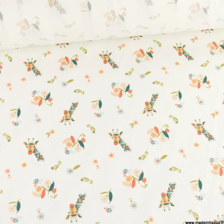 Tissu popeline motif girafes et fleurs roses fond bleu - Oeko tex