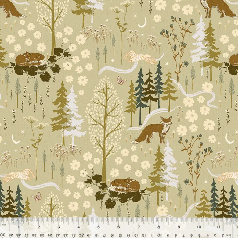 Tissu Popeline motif renards et foret Sauge - Windham Fabric