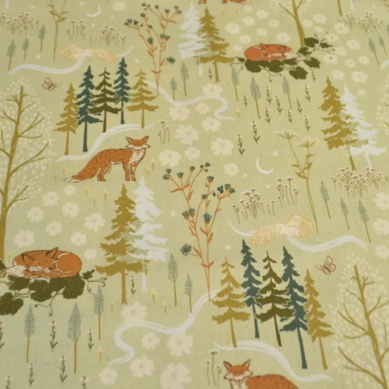 Tissu Popeline motif renards et foret Sauge - Windham Fabric