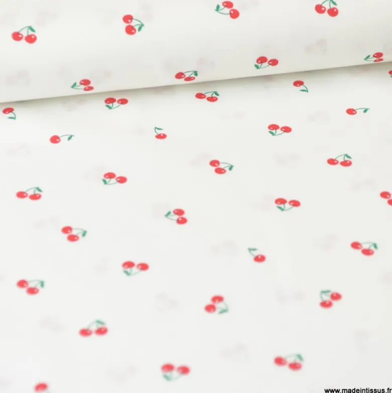 Tissu Popeline motifs Cerises fond Blanc - OEKO TEX