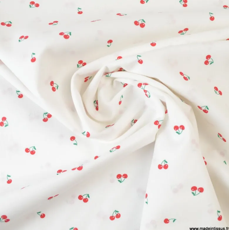 Tissu Popeline motifs Cerises fond Blanc - OEKO TEX