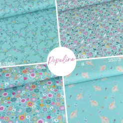 Tissu popeline motifs éléphants et fleurs fond Turquoise - OEKO TEX