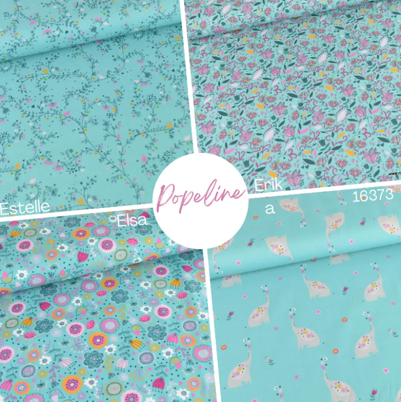 Tissu popeline motifs éléphants et fleurs fond Turquoise - OEKO TEX