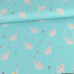 Tissu popeline motifs éléphants et fleurs fond Turquoise - OEKO TEX