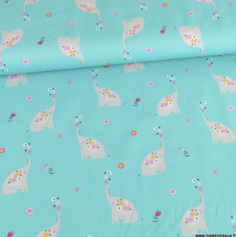 Tissu popeline motifs éléphants et fleurs fond Turquoise - OEKO TEX