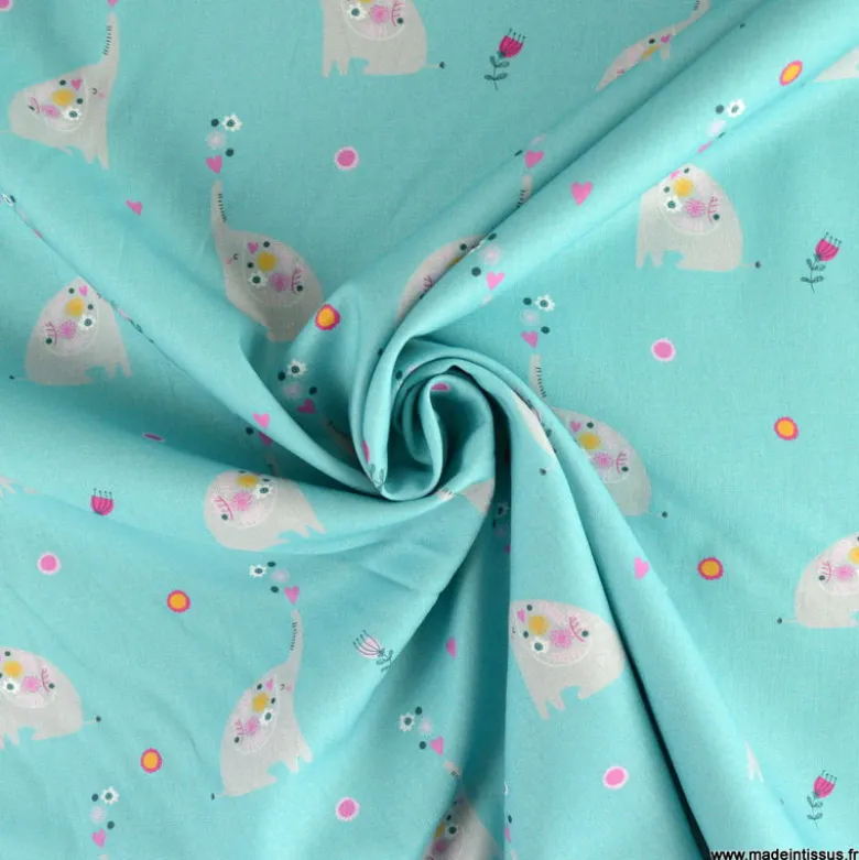 Tissu popeline motifs éléphants et fleurs fond Turquoise - OEKO TEX