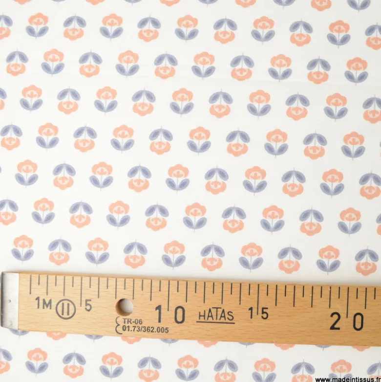 Tissu popeline petites fleurs retro bleu nuit et orangé - exclusif