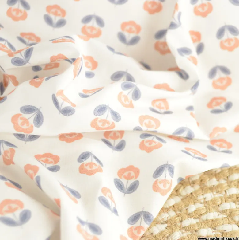 Tissu popeline petites fleurs retro bleu nuit et orangé - exclusif