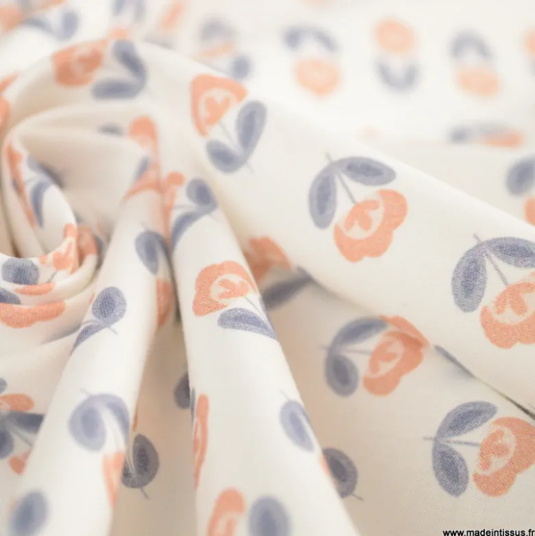 Tissu popeline petites fleurs retro bleu nuit et orangé - exclusif