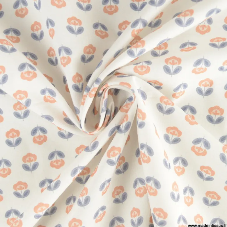 Tissu popeline petites fleurs retro bleu nuit et orangé - exclusif
