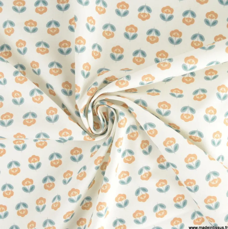 Tissu popeline petites fleurs retro Camel et Paon - exclusif