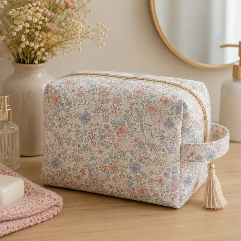 Tissu popeline Théophile fleurs roses et bleues fond blanc cassé