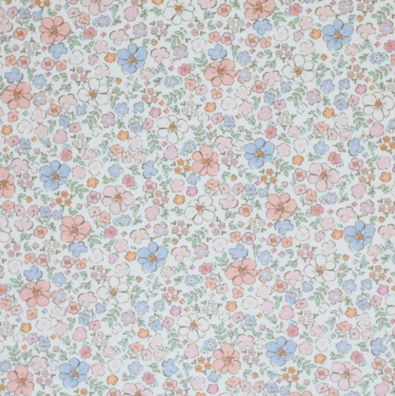 Tissu popeline Théophile fleurs roses et bleues fond blanc cassé