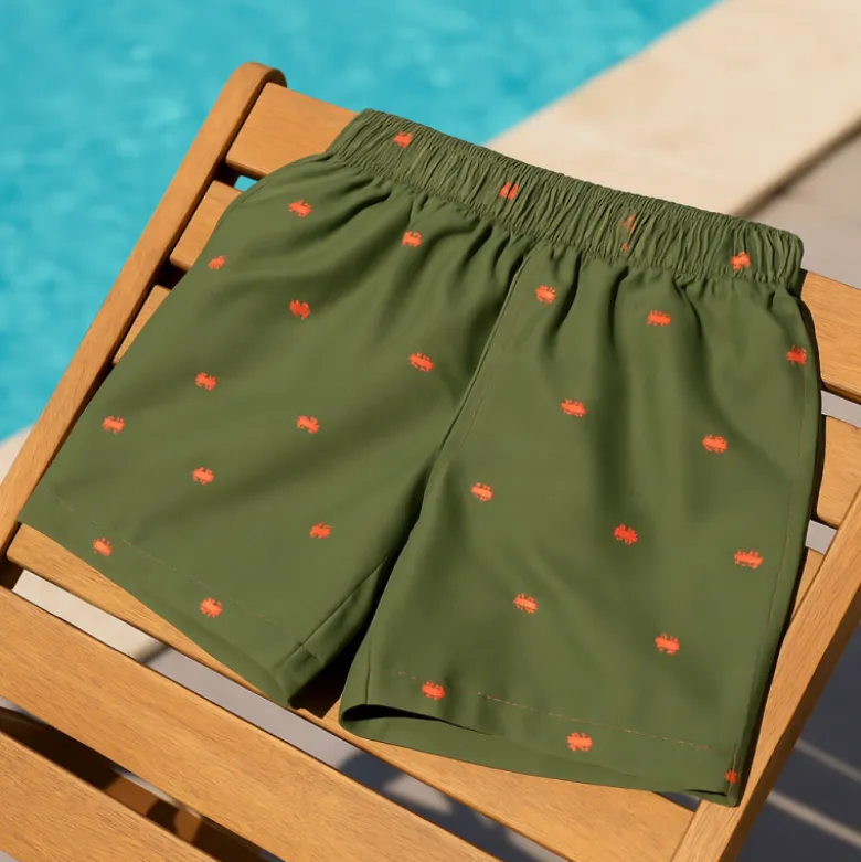 Tissu pour short de bain déperlant motif crabes fond kaki