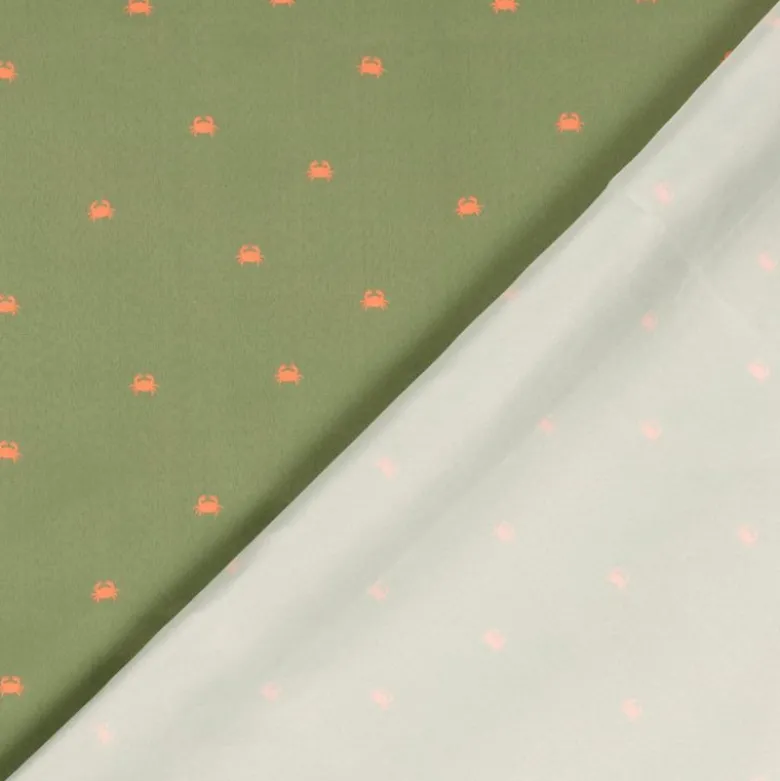 Tissu pour short de bain déperlant motif crabes fond kaki