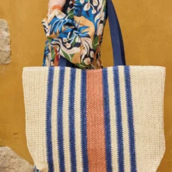 Tissu raphia naturel - Rayures marine