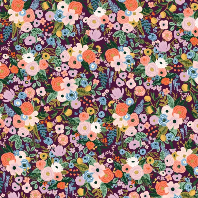 Tissu Rifle Paper en viscose - motif fleurs fond Bordeaux - collection Orchard