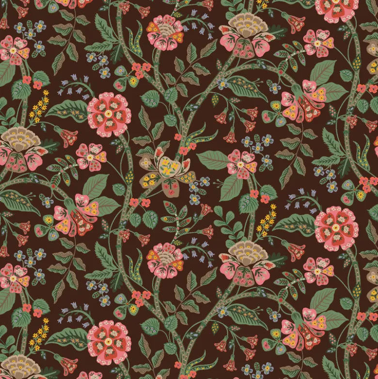 Tissu Rifle Paper motif fleurs indiennes fond cacao - Collection Gracie