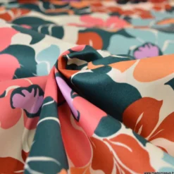 Tissu Satin de coton motif fleurs multi fond écru
