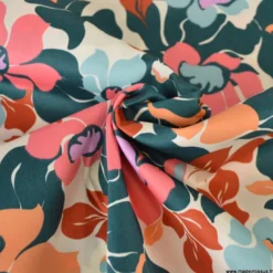 Tissu Satin de coton motif fleurs multi fond écru