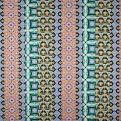 Tissu Satin de coton motif géométrique rayé bleu, rose et vert