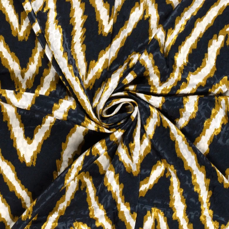 Tissu Satin léopard géométrique bleu, ocre et beige - oeko tex