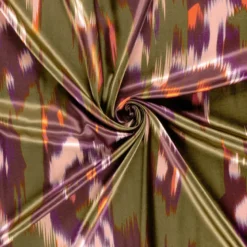 Tissu Satin motif style Ikat - Violet et vert