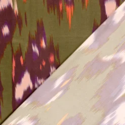 Tissu Satin motif style Ikat - Violet et vert