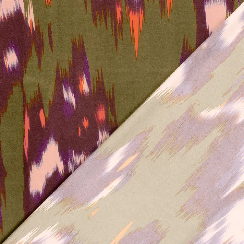 Tissu Satin motif style Ikat - Violet et vert