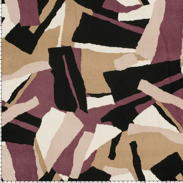 Tissu Satin peau de pêche motif abstrait - Noir et aubergine