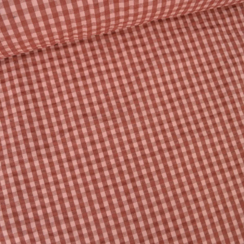 Tissu seersucker Eli Vichy petits carreaux - Cacao et rose Thé