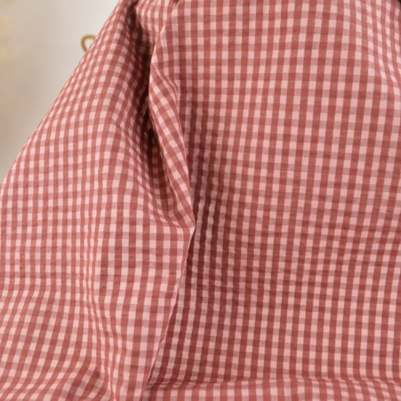 Tissu seersucker Eli Vichy petits carreaux - Cacao et rose Thé