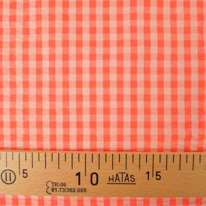 Tissu seersucker Eli Vichy petits carreaux - Pêche et fraise