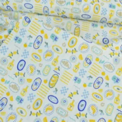 Tissu Seersucker Imprimé Riviera Gourmande Jaune et Bleu