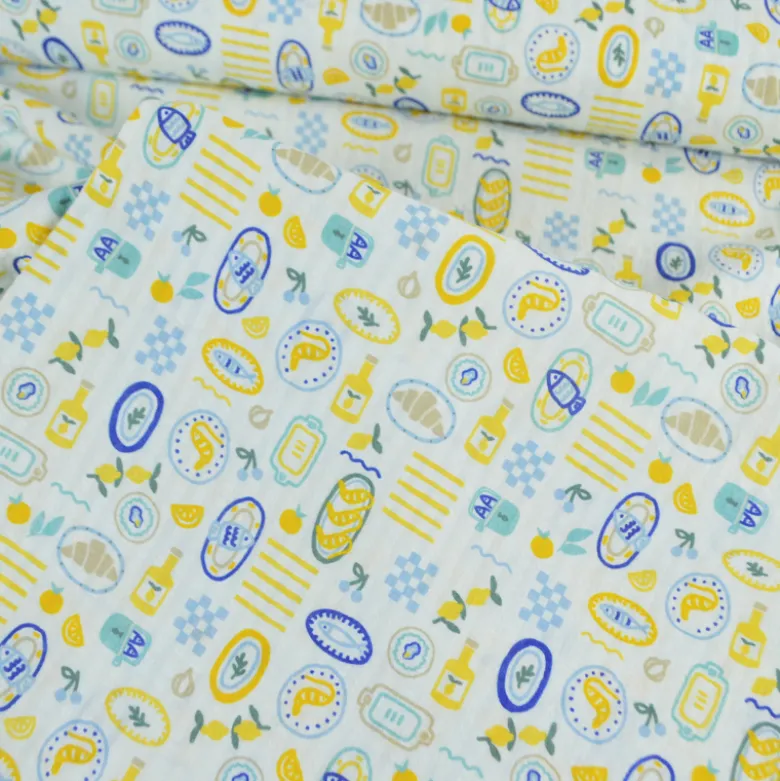 Tissu Seersucker Imprimé Riviera Gourmande Jaune et Bleu